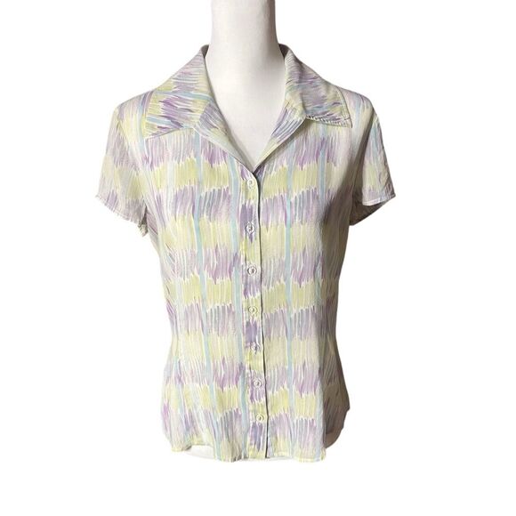 St. John Abstract Print Pastel Color Silk Button Down Top Sz 10 - Picture 3 of 7